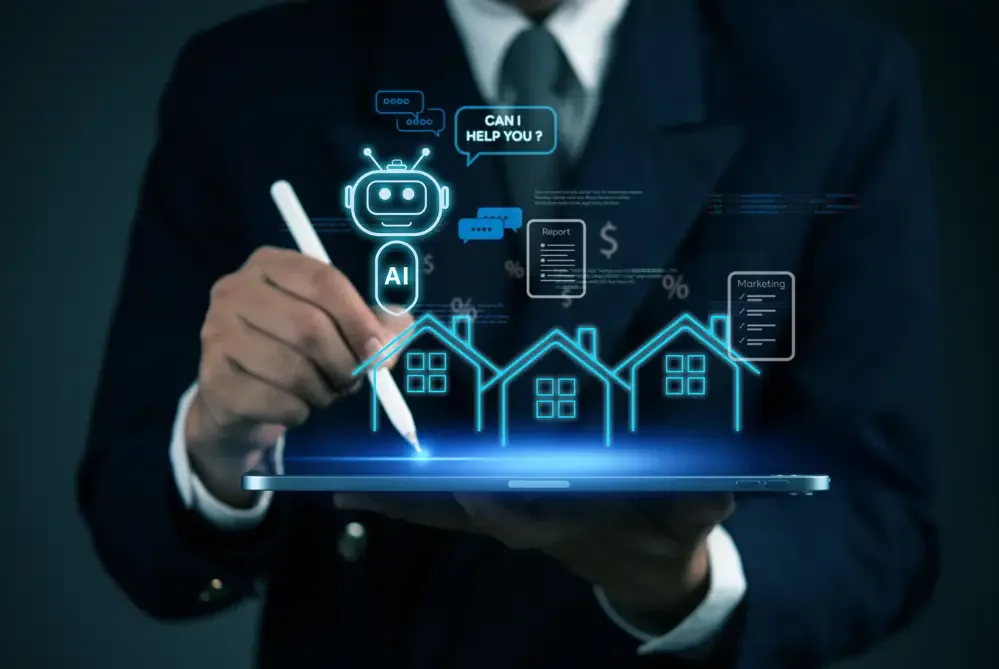 AI Sales Pipeline Automation concept with man holding a tablet with ai prompts hovering above tablet